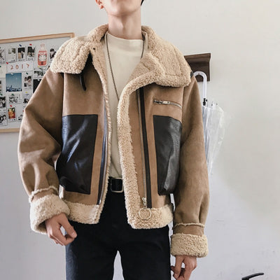 Winter Mens Warm Fur Lining Loose Fit Overcoat Casual Outerwear Coat New Thick Male Lapel Collar Colors Panelled Jacket