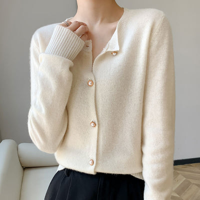 Merino Wool Knitted Cardigan Women&#39;s Senior Pearl Button Long-Sleeved Top Loose Simple Solid Color Sweaters Spring Autumn Basic