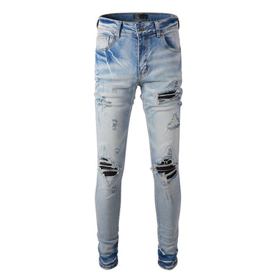 Luxury Jeans Mens Slim Fit Denim Trousers All-match Fashion Ripped Patch Jeans Stretch Skinny Jeans Midweight Men Pencil Pants