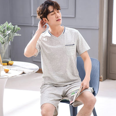 modal cotton pajamas men's summer thin section short-sleeved v-neck summer large size casual wearable youth home service suit