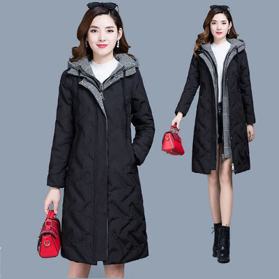New High-End Womens Long Down Cotton Jacket Winter Cold Warm Quilted Jackets Hooded Parka Overcoat Female Casual Cotton Clothing