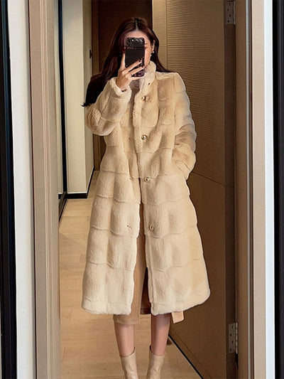 Winter Log Striped Warm Fluffy Faux  Coat Stand Collar Runway Korean Luxury Overcoat Women Fashion Winter Coat Women