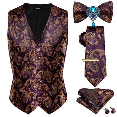 Hi-Tie Jacquard Silk Mens Vests Necktie Bowtie Set Wedding Business Waistcoat Hanky Cufflinks Brooch Tie Clip Casual Stylish XXL