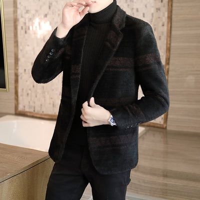 2021 Autumn Winter Men's Fashion Striped Woolen Jacket Loose Thickness d Coat for Male Casual Warm Wool Outerwear B402