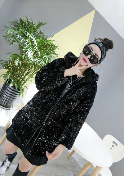 Full Sequins Parka Woman 2022 Winter Coat Thick Hooded Parka Streetwear Wide-waisted Solid Zippers Pockets Warm Jacket Parkas