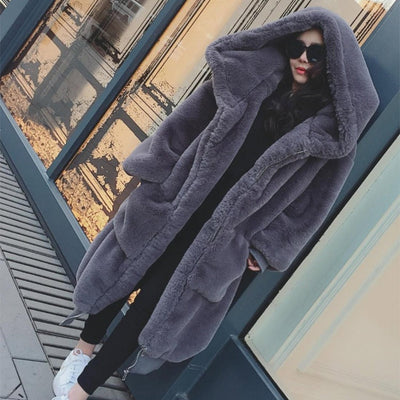 TREND-Setter 2021 Winter New Fashion Fur Coat Women Warm Imitation  Fur Hooded Parka Black