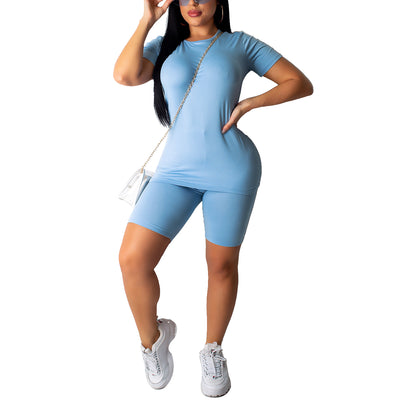 2021 Summer Women Two Piece set Tracksuits Short Sleeve T-shirt and Shorts Solid cOLIR Casual Sports Fitness 2Pcs Short Sets