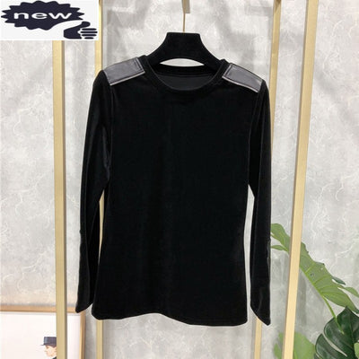 Real Leather Patchwork Tops Women O-Neck Long Sleeve Casual T Shirts Autumn Winter Slim Fit Pullover Office Lady T-Shirts S-3XL