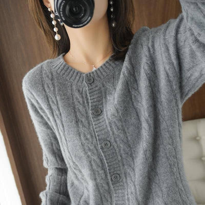 Knitted Cardigan Sweater Spring Autumn Thin Coat 2022 New Crew Neck Twist Long Sleeves Jacket Tops Women Sweaters Outerwear