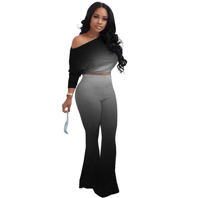 25M1132 Autumn Women Casual Fashion Sexy Slanted Shoulder Gradient Two Piece Set Top and Pants Tracksuit Sweatsuit Outfits Hot