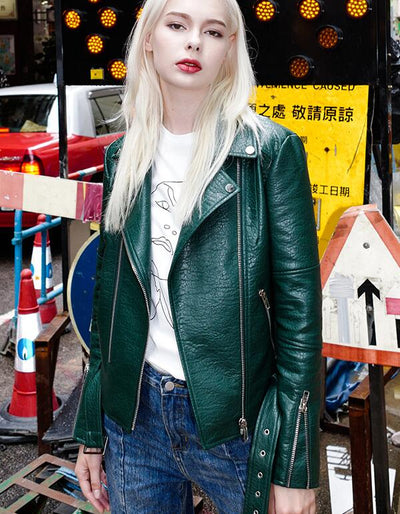 2021 Spring Autumn Leather Jacket Women Green Short Motorcycle PU Long Sleeve High End Leather 3 Colors Biker Coat HR1018