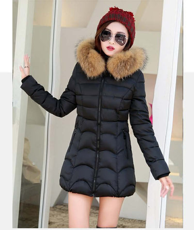 Woman winter cotton padded parkas natural fur coat jacket for female sweet girl pink navy blue black red plus size xxxl 2xl 3xl