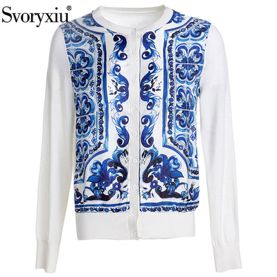 Svoryxiu Summer Runway Blue And White Porcelain Knitting Cardigan Women&#39;s Long Sleeve Button Silk Print Patchwork Wool Cardigan