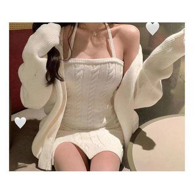 Autumn Winter Korean Fashion Casual Knitted Two Piece Set Women Sweater Cardigan Coat + Sexy Halter Sheath Bodycon Dress Suits