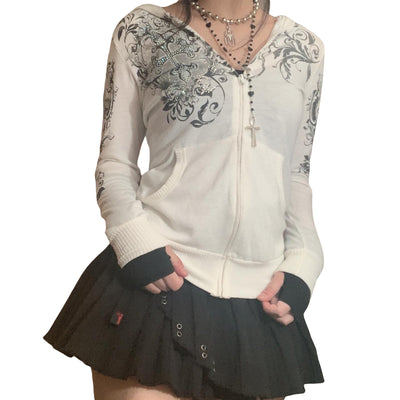 Y2K Women Long Sleeve Hoodie Coat Fall Vintage Gothic Print Sweatshirt with Pockets Zip Up Hoodies Streetwear