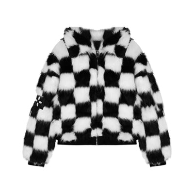 Checkerboard Plaid Fur Coat Women Thicken Warm Elegant Coat Women 2022 Autumn Winter Ins Fashion Soft Black Fur Jackets Female