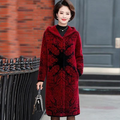 Mom Winter Imitation Mink Velvet Coat Long Middle-aged Printing Cashmere Woolen Coat Plus Size 5XL Thick Top Overcoat