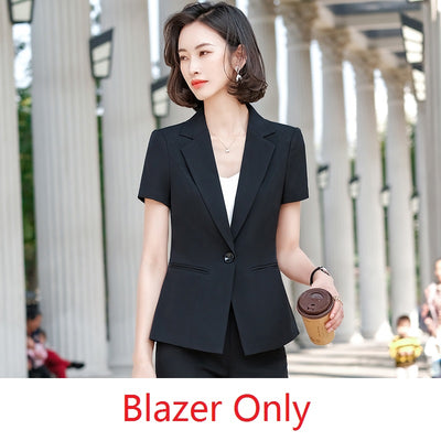 Summer Ladies Black Blazer Women Bsiness Suits with Skirt and Jacket Sets Work Office Uniform Style Short Sleeve
