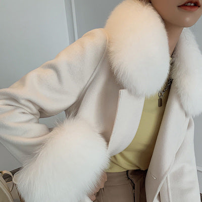 Elegant Style classic Korean female Warm Double Breasted Mini Wool Jacket Lady Fur Coats With Belt
