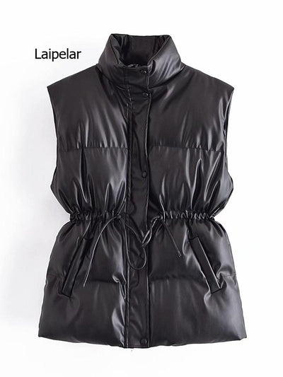 Women Black Sleeveless Leather Vest 2021 Autumn Winter Fashion Ladies Casual Waist Jacket Femal Loose Thick Warm Vest Coat