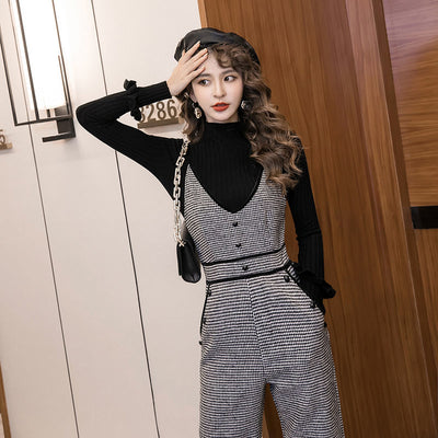 Women Autumn New Fashion 2 Piece Set Women Turtleneck Long Sleeve Pullover + Plaid Long Overall Pants Casual Two Piece Suit H105