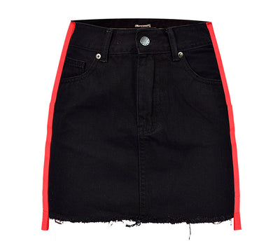 LOGAMI High Waist Denim Skirt High Waist A-Line Mini Skirts Womens Patchwork Spring Summer Sexy Skirt Black & Red