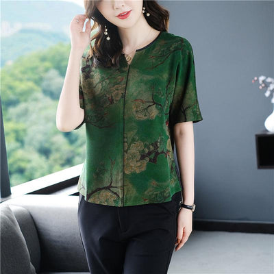 Women's 2021 Summer New Vintage Printed Middle-aged Mother's National Style T-shirt