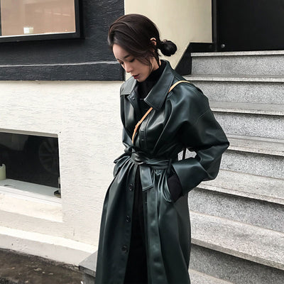 WSYORE Cool PU Leather Long Jacket 2021 New Autumn Women Loose Belt PU Leather Windbreaker Trench Coat Slim Spring Jacket NS939a