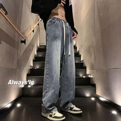 2023 Korean Fashion Men&#39;s Baggy Jeans Fashion Hip Hop Straight Wide Leg Trousers Classic Couple Denim Pants Black Light Blue