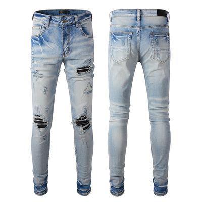 Luxury Jeans Mens Slim Fit Denim Trousers All-match Fashion Ripped Patch Jeans Stretch Skinny Jeans Midweight Men Pencil Pants