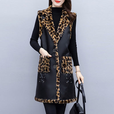 Plus Size Women's 2021 Autumn Winter Vest Female Leopard Print Plus Velvet Thickening Sleeveless Coat Femme Sleeveless Jacket D