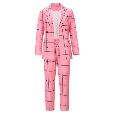 Plaid Print Suit Jacket Trousers Suit 2Pcs Set Women's Autumn Winter New Double Breasted With Lining Blazer Straight Pants Suit