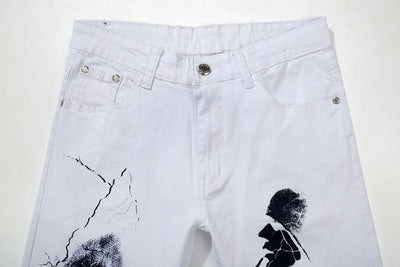Fashion Trendy Color printing Human head Flash pattern pattern Men Skinny Runway Zipper Denim Pants Destroyed Jeans White