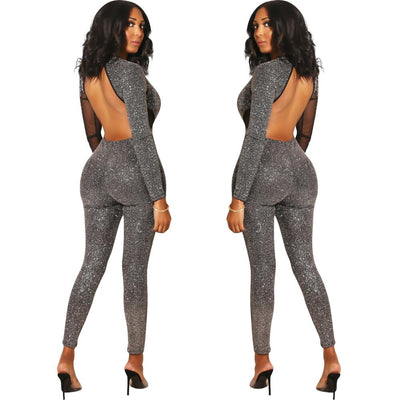 AHVIT Backless Hollow Out Deep V Neck Sexy Women Jumpsuits Long Sleeve Diamond Patchwork Fashion Skinny Romper YD-Y8048