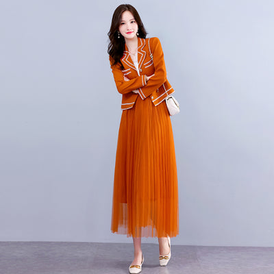 High Street Newest Suit Set Women&#39;s Single Breasted Small Fragrance Short Blazer And Pleated Mesh Mid Skirt Suit 2 Pieces Sets