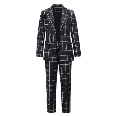 Plaid Print Suit Jacket Trousers Suit 2Pcs Set Women&#39;s Autumn Winter New Double Breasted With Lining Blazer Straight Pants Suit