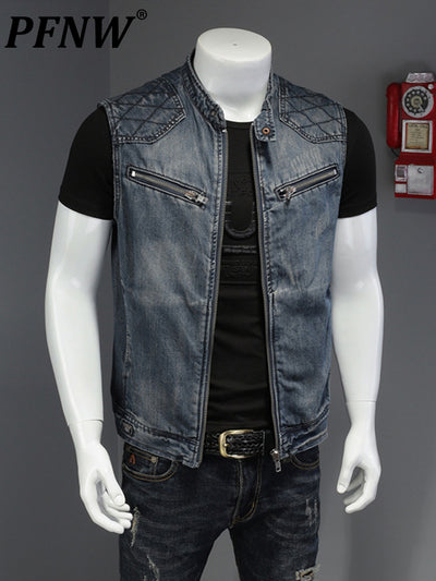 PFNW Korean Style Slim Trend Old Casual Vest For Men Fashion New V-neck Tide Handsome Sleeveless Jeans Tops Vest 12A3111