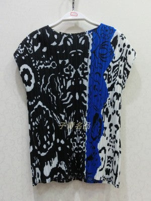 HOT SELLING Miyake fashion pleated high-elasti o-neck print short sleeve Slim fit T-shirt IN STOCK