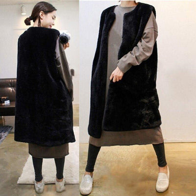 Black Long Faux Fur Vest Women Korean Fashion Sleeveless Jacket Plus Size Loose Streetwear Winter Coat