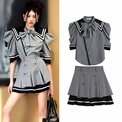 New Spring Summer Women&#39;s Skirts Suits Half Puff Sleeve Shirts Blouses Tops And Pleated Patchwork Graceful Skirt Suits Set NS660