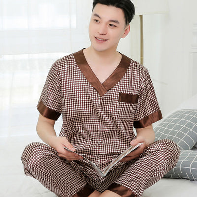 Men Pajamas Set V-Neck Pullover Stain Silk Pajama Man Soft Cozy Sleepwear Pyjamas Nightgown Trousers Sleeping Men Home Clothing