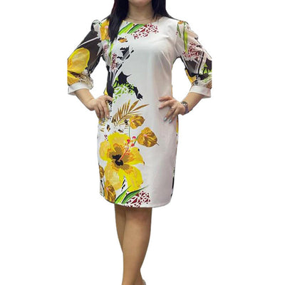 Plus Size Dress for Women Fashion O-Neck Vintage Floral Printing Lantern Half Sleeve Loose Back Zipper Knee-length Pencil Skirt
