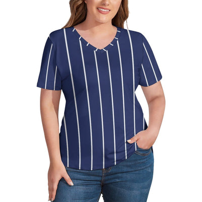 Purple And White Striped T Shirts Vertical Stripes Print Streetwear V Neck T-Shirt Short Sleeves Elegant Plus Size Tees Tops