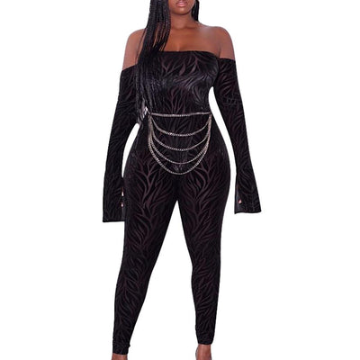 AHVIT New Style Black Flare Sleeve Slash Neck Women Jumpsuits Skinny Printed Fashion Nightclub Romper YD-Y8125