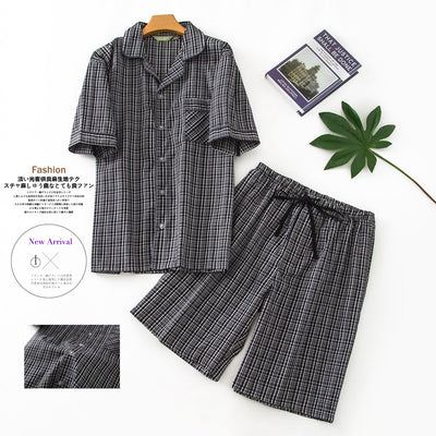 2022 Summer Men Casual Plaid Pajama sets Male  Cotton Sleepwear suit Men's short sleeve Cardigan shirt & Half Pants Homewear