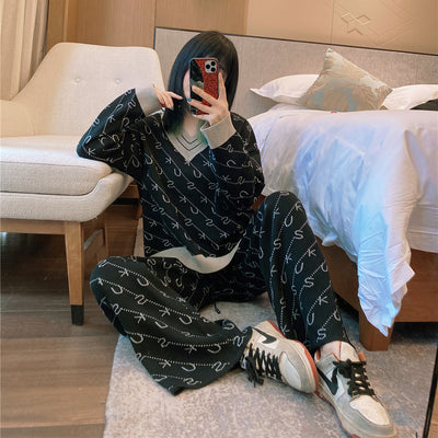 Autumn Winter Letter Jacquard Knitted 2 Piece Sets Women V Neck Pullover Sweater + Wide Leg Pant Tracksuits