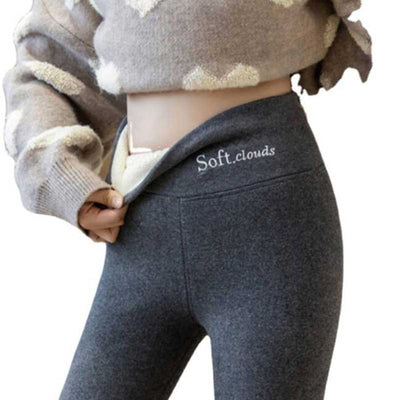 Soft Clouds Fleece Leggings Casual Warm Winter Solid Pants High Waist Plush Thickened Leggings Warm Bottomed Cotton Trousers