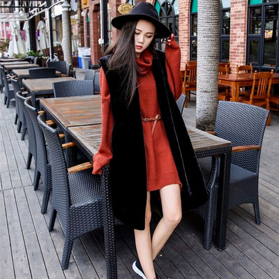 Black Long Faux Fur Vest Women Korean Fashion Sleeveless Jacket Plus Size Loose Streetwear Winter Coat