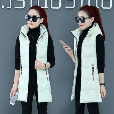 New Women Autumn And Winter Long Vest Filling Cotton Solid Color Sleeveless Jacket