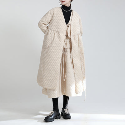 XUXI 2021 Winter Quilted Over The Knee Cotton Clothes Women Loose Draw-Back Simple Splicing Long Sleeve Coat E4637
